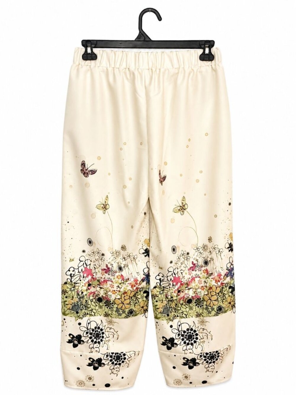 Women's Ivory Floral Wide Leg Pants 2XL Elastic Waist Boho Palazzo Casual Pull O - Picture 3 of 3